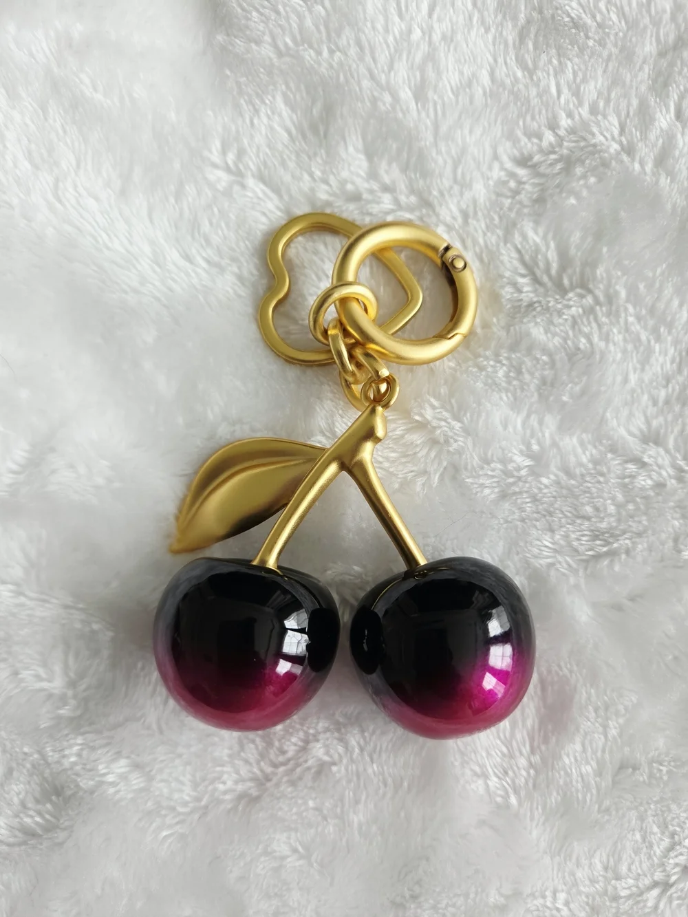 Gold Cherry Keychain with Black-to-Pink Ombre Cherries Beautiful Bag Charm